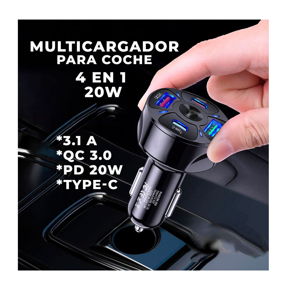 Cargador De Auto 4 En 1 Para Celular 2xusb Tipo A 2x Usb Tipo C Blanco.