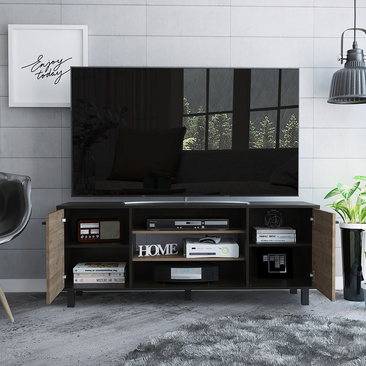 MUEBLE DE TV ARMABLE TIPO RACK MODELO KAIA IDEAL PARA LA SALA O EL ESTUDIO SOPORTA UNA PANTALLA DE 65 "