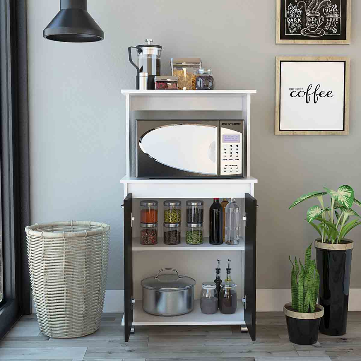 MODULO ARMABLE PARA COCINA CON TRES ESTANTES DOS PUERTAS Y ESPACIO PARA HORNO DE MICROONDAS MODELO ITALIA COLOR CAFE 