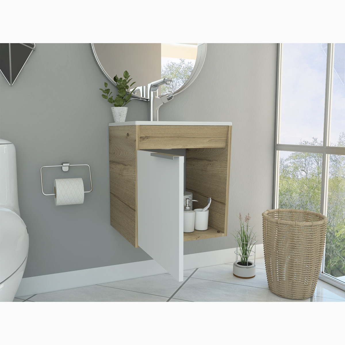 MUEBLE PARA LAVABO ARMABLE MODELO CARTER FLOTANTE CON OVALIN Y PUERTA