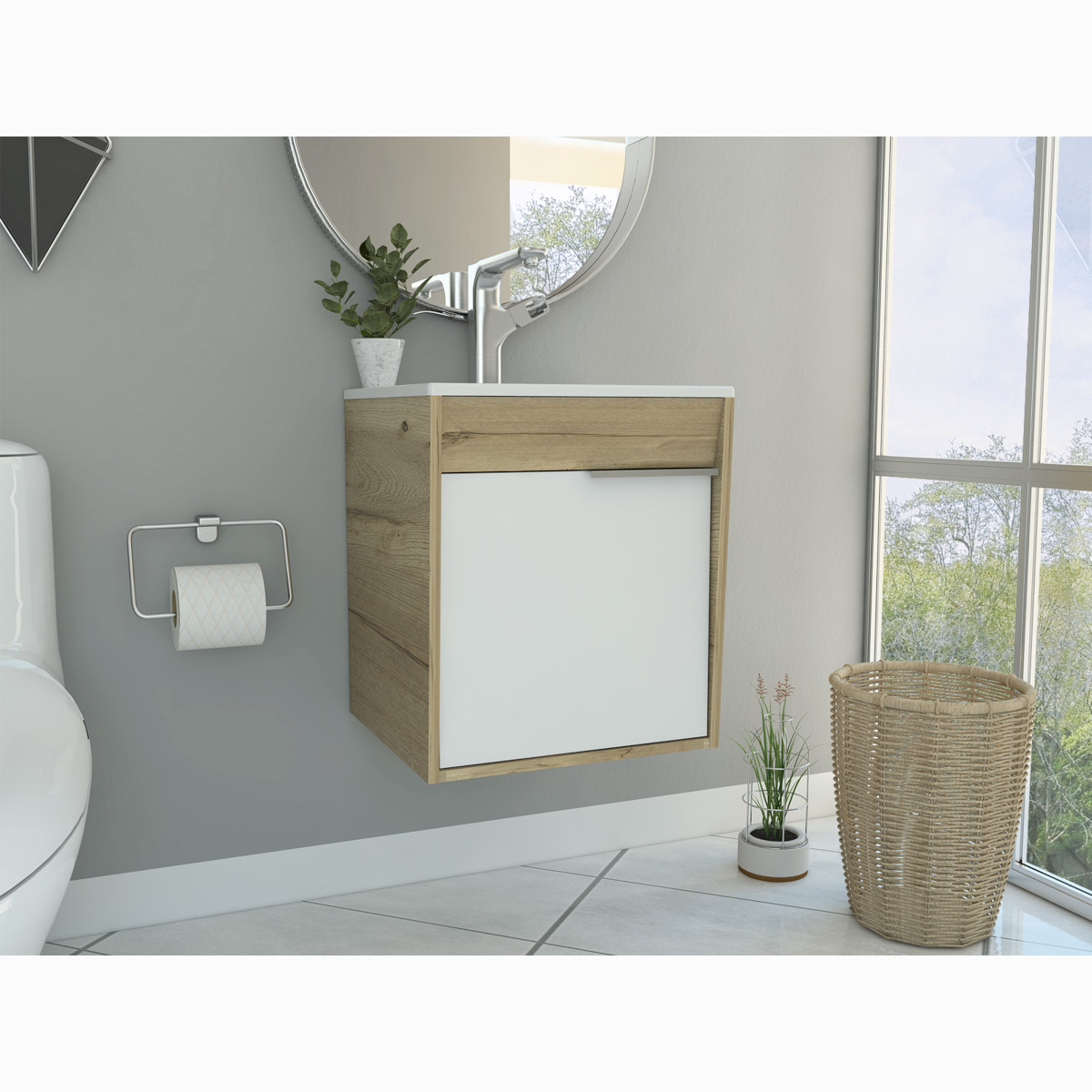 MUEBLE PARA LAVABO ARMABLE MODELO CARTER FLOTANTE CON OVALIN Y PUERTA