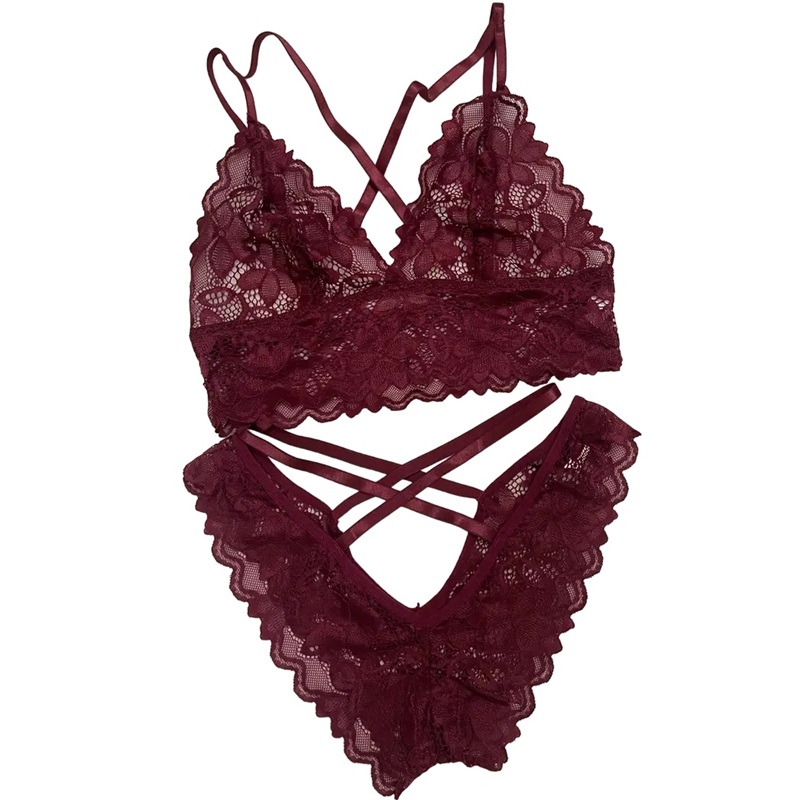 Conjunto lenceria de encaje floral Vino.