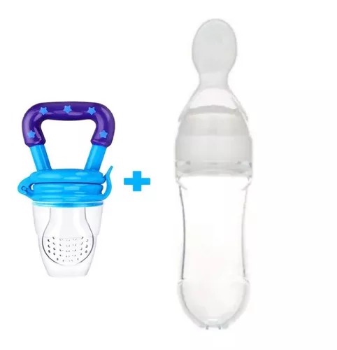Chupón Alimentador Azul Fruta Y Biberón Cuchara Para Papilla Bebe.