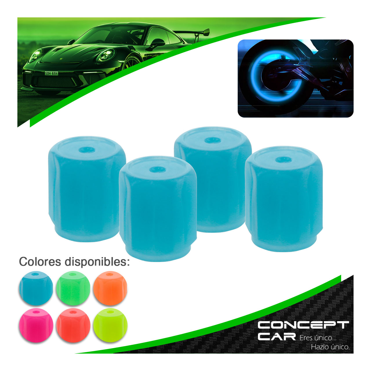 4 TAPON PARA VALVULA PIVOTE LLANTA FLUORESCENTES BRILLANTES 