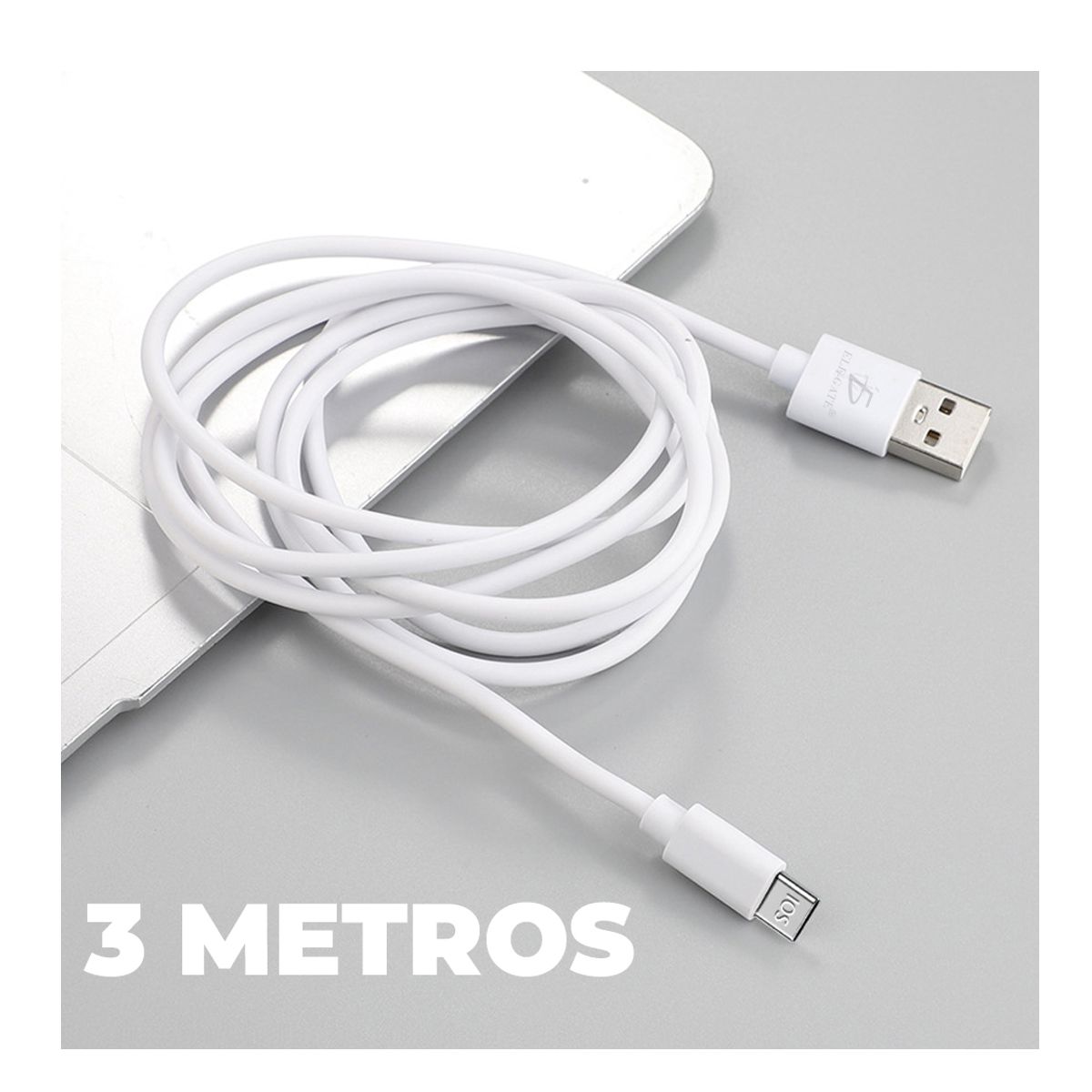  Cable De Carga Y Datos Microusb V8 3 Metros 2A Blanco.