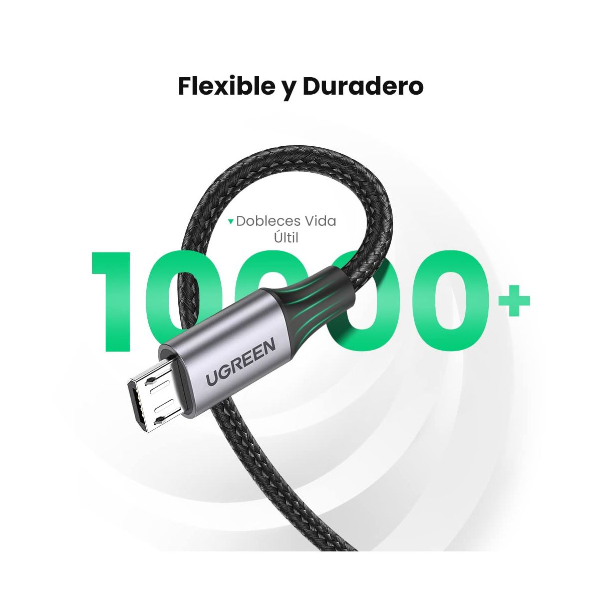 Cable USB-A a Micro USB 1 Metro Carga Rápida QC 3.0 2.0 Transferencia de datos de 480 Mbps  Recarga hasta 18W  Caja de Aluminio Ugreen .