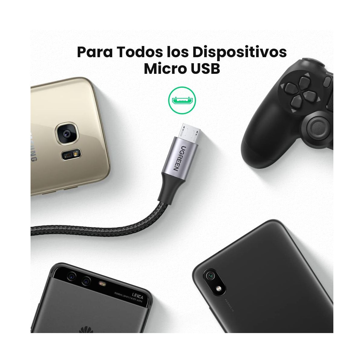 Cable USB-A a Micro USB 1 Metro Carga Rápida QC 3.0 2.0 Transferencia de datos de 480 Mbps  Recarga hasta 18W  Caja de Aluminio Ugreen .
