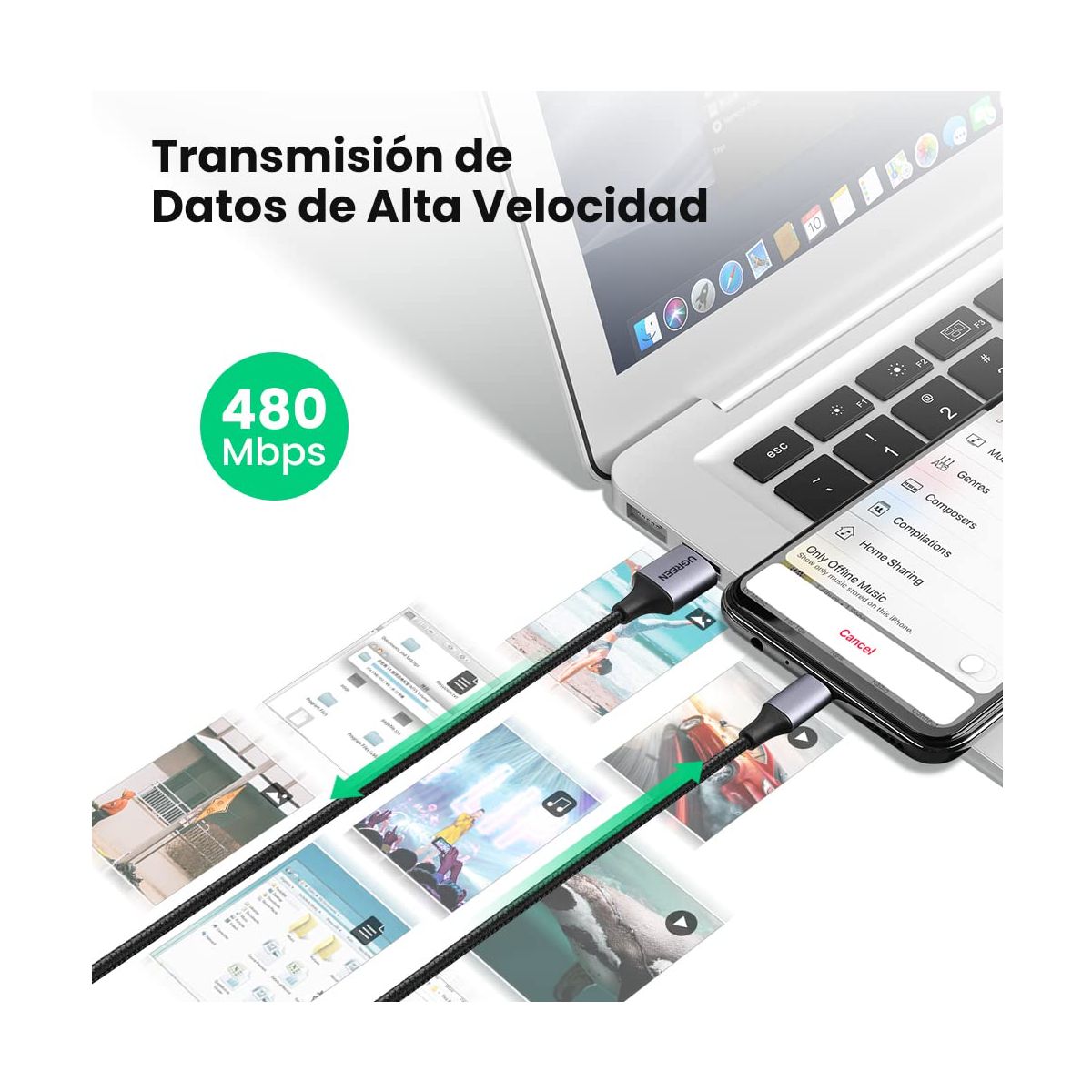 Cable USB-A a Micro USB 1 Metro Carga Rápida QC 3.0 2.0 Transferencia de datos de 480 Mbps  Recarga hasta 18W  Caja de Aluminio Ugreen .