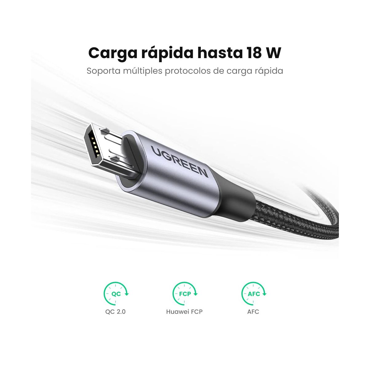 Cable USB-A a Micro USB 1 Metro Carga Rápida QC 3.0 2.0 Transferencia de datos de 480 Mbps  Recarga hasta 18W  Caja de Aluminio Ugreen .
