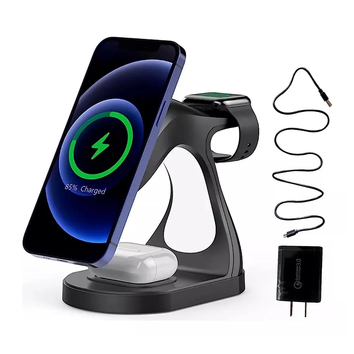 Cargador Inalámbrico  15w iPhone AirPods Apple Watch Color Negro