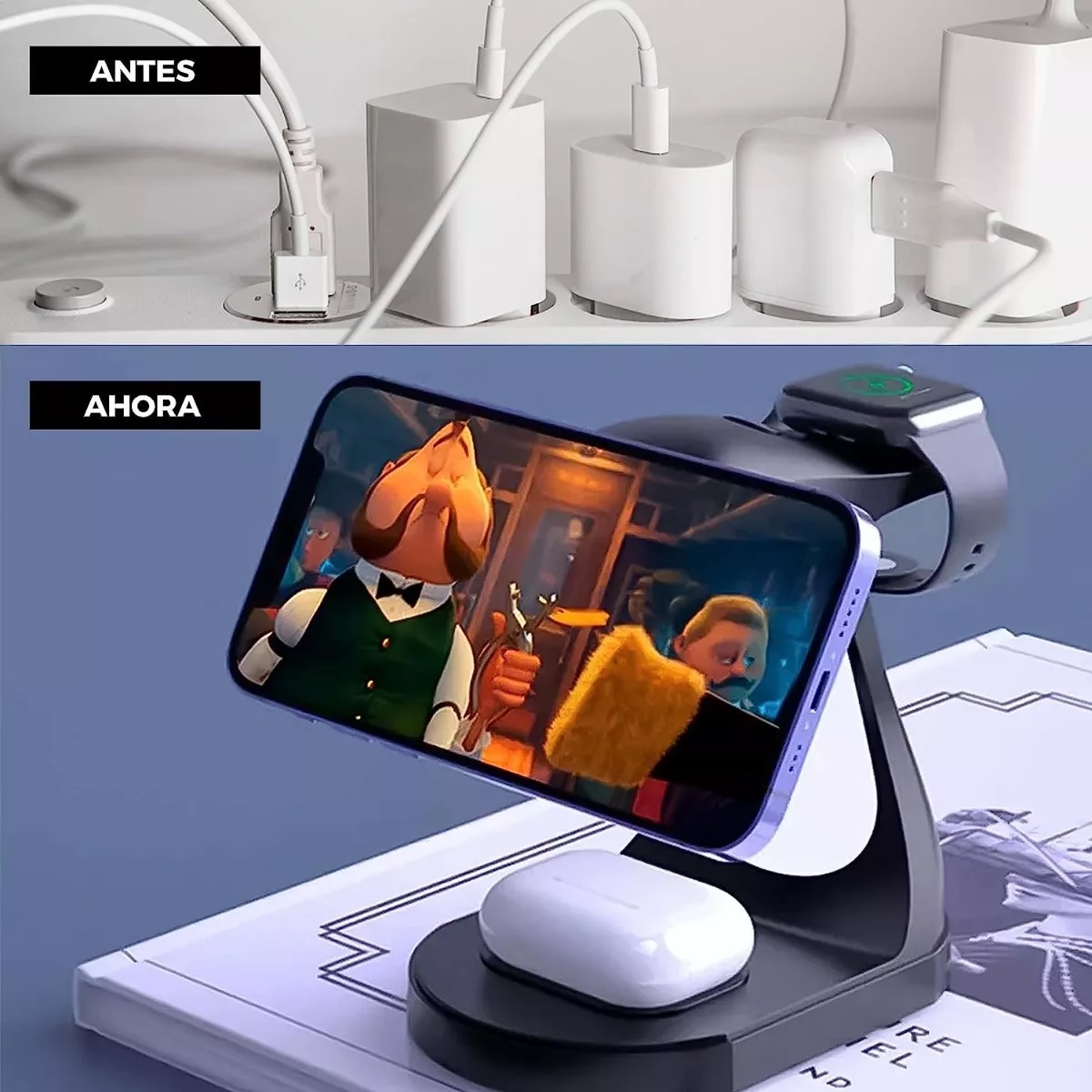 Cargador Inalámbrico  15w iPhone AirPods Apple Watch Color Negro