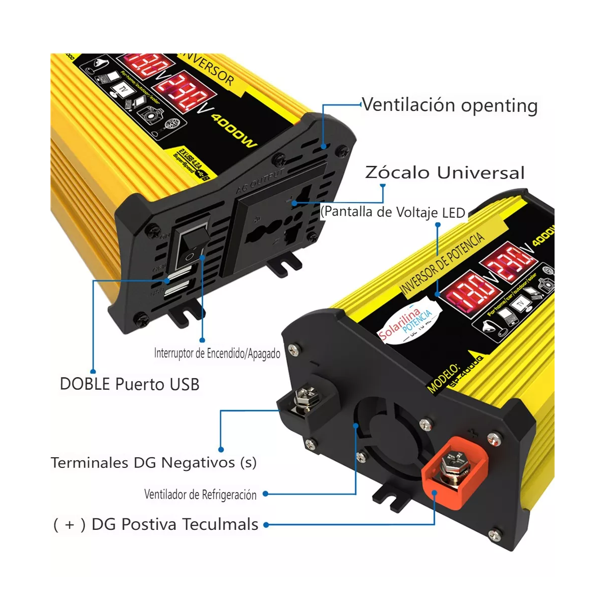 Inversor De Corriente Para Auto Carro 4000w 12v A 110v Amarillo