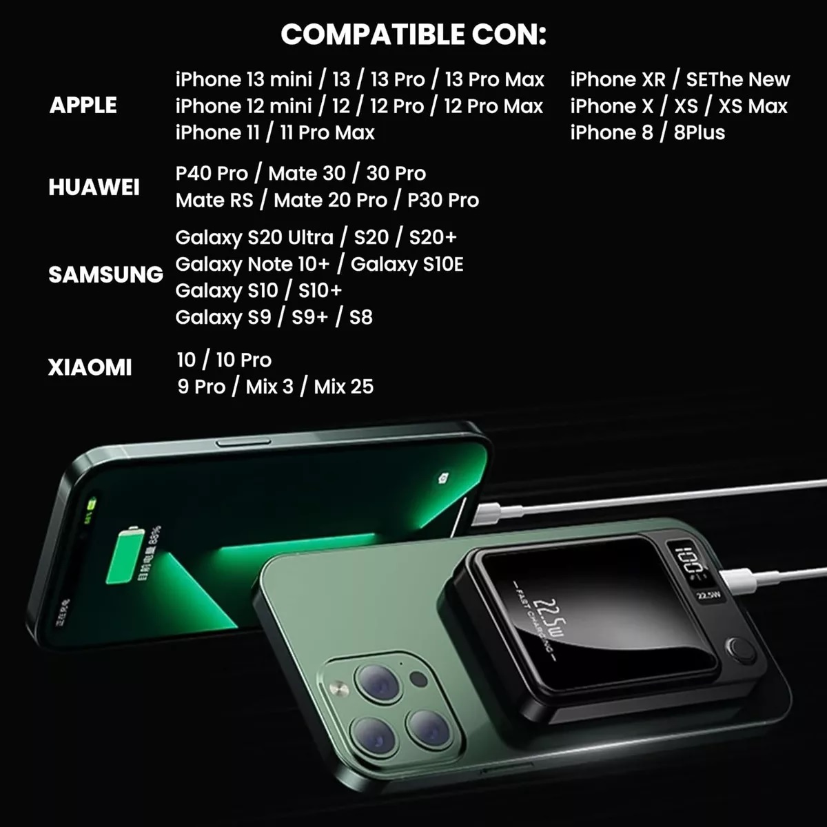 Power Bank Inalámbrico Magnético 10000mah 5.0a 22.5w Usb-c Qi Negro