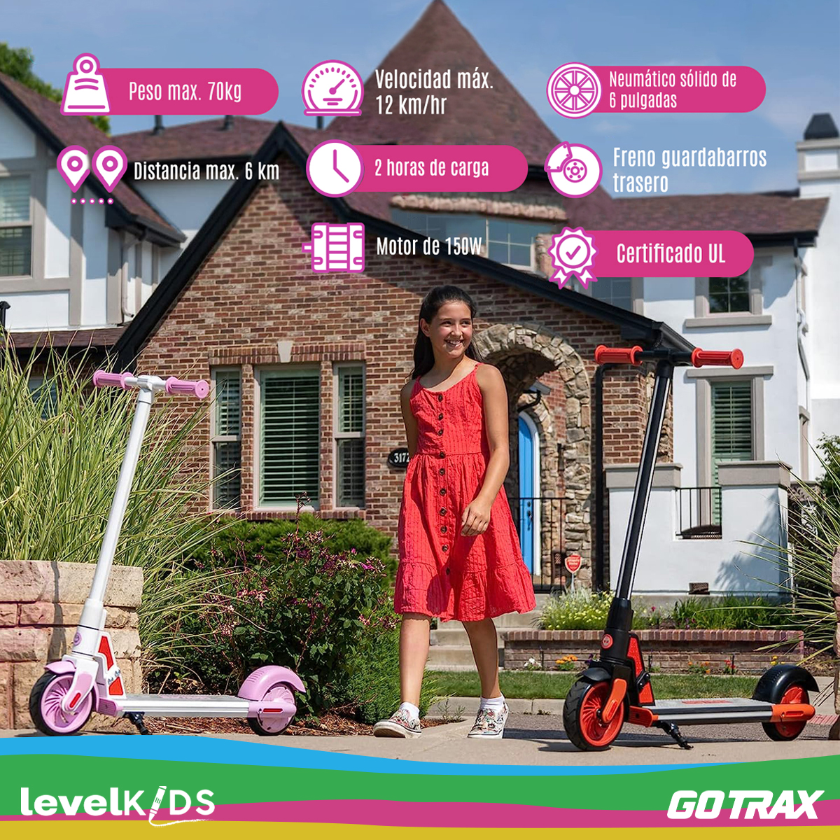Scooter Eléctrico Para Niños Gotrax Gks 12km/h 150w, Color Rosa.