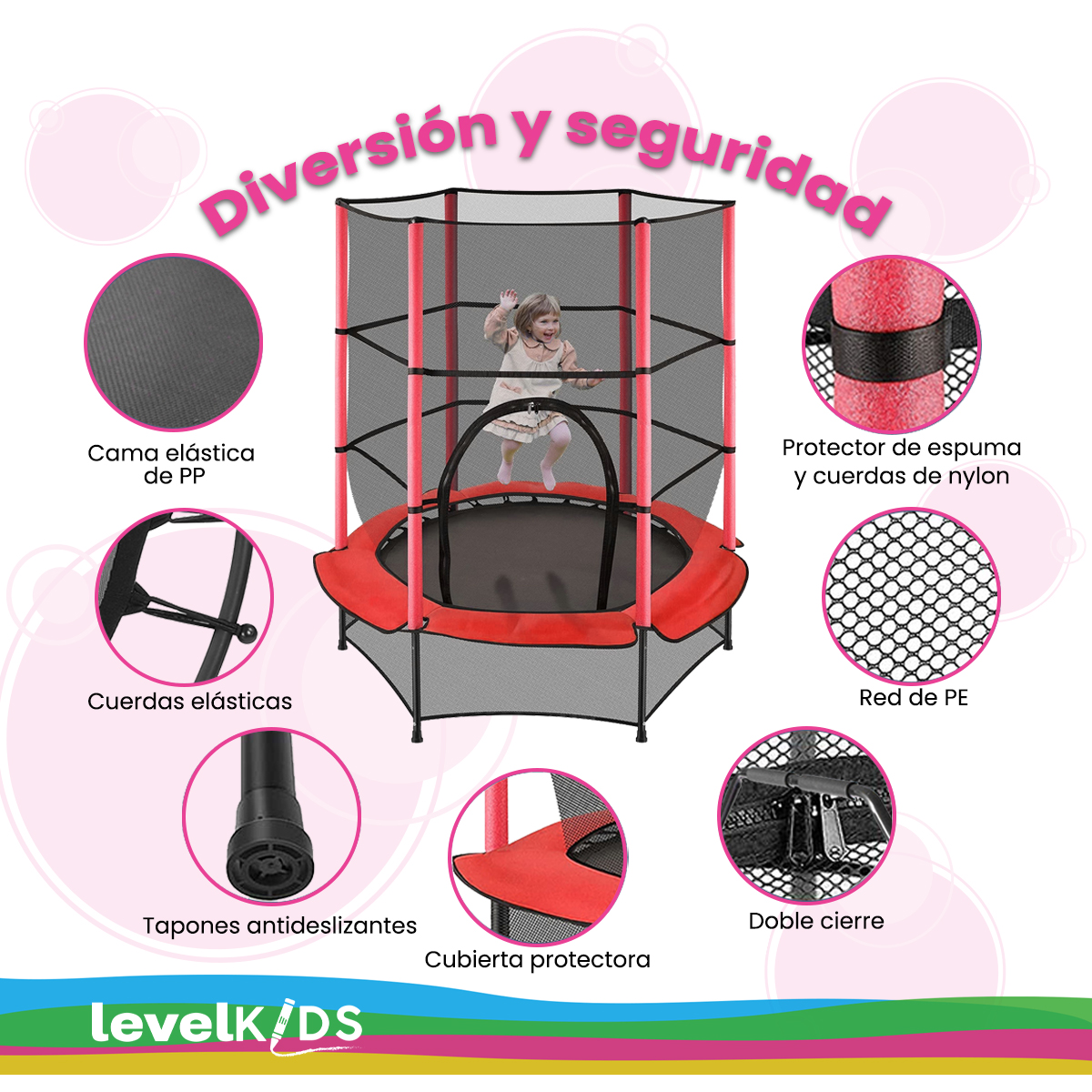 Trampolín Infantil 55 Pulgadas, 1.4 Mts Malla De Seguridad, Color Rojo