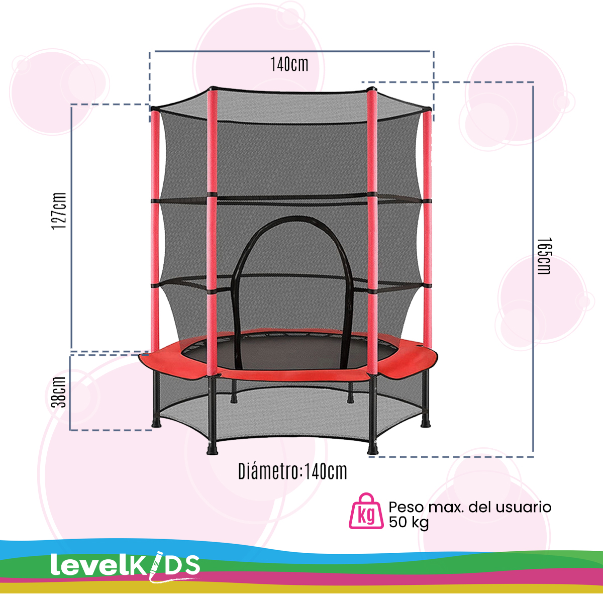 Trampolín Infantil 55 Pulgadas, 1.4 Mts Malla De Seguridad, Color Rojo