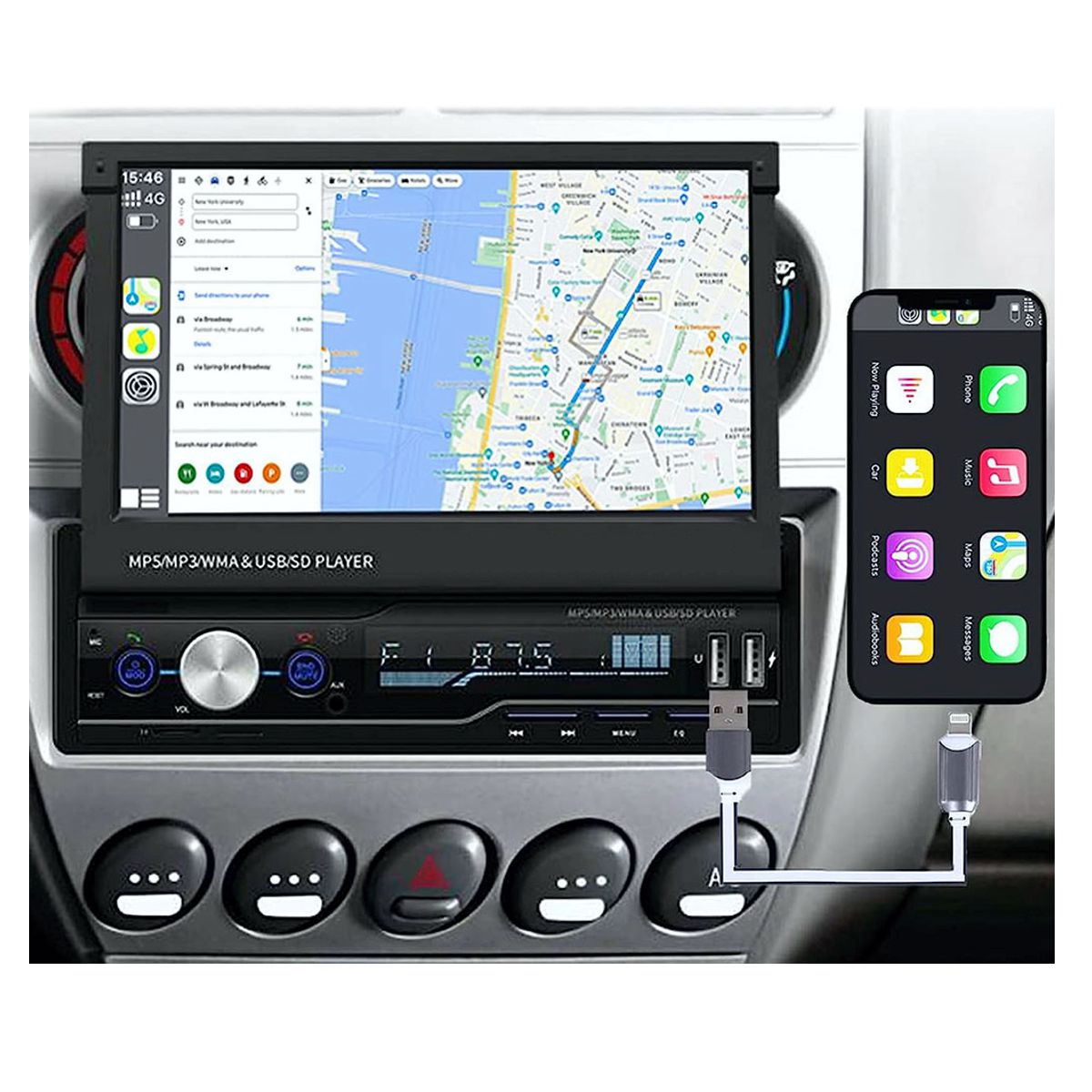 Autoestereo 1din Pantalla 7'' Tactil Retractil Mirrorlink Camara Reversa Elegate Negro.