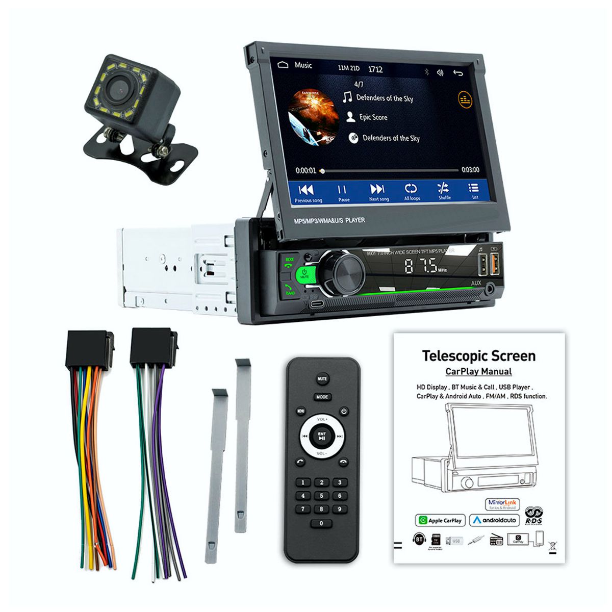 Autoestereo 1din Pantalla 7'' Tactil Retractil Mirrorlink Camara Reversa Elegate Negro.