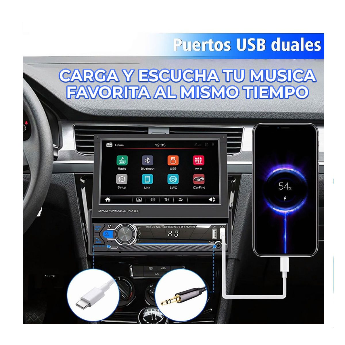 Autoestereo 1din Pantalla 7'' Tactil Retractil Mirrorlink Camara Reversa Elegate Negro.