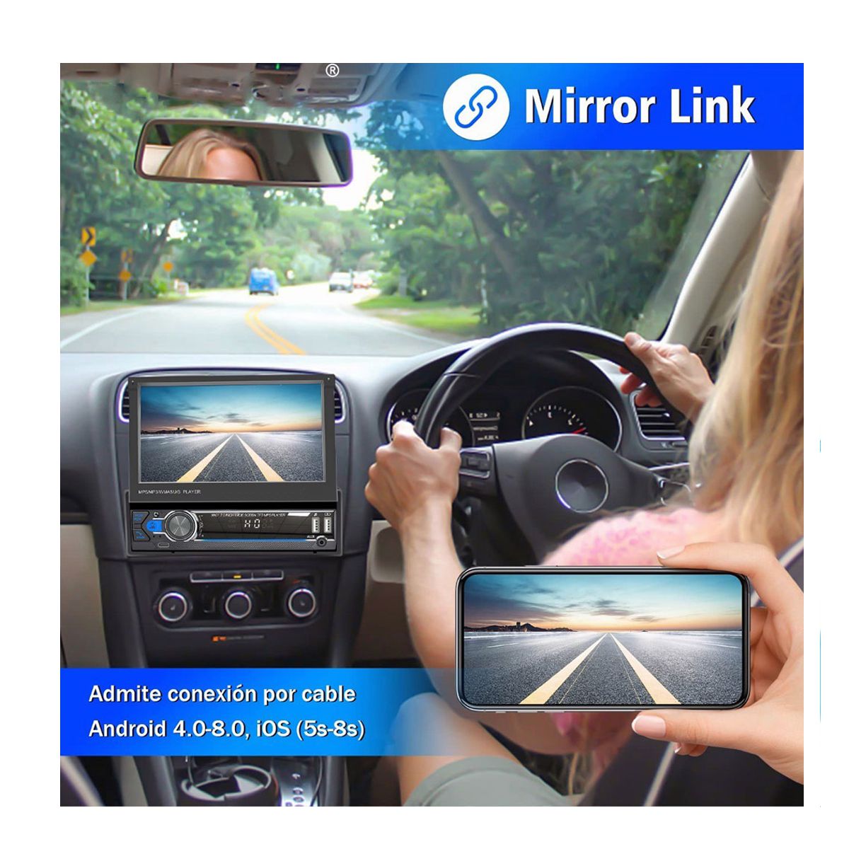 Autoestereo 1din Pantalla 7'' Tactil Retractil Mirrorlink Camara Reversa Elegate Negro.