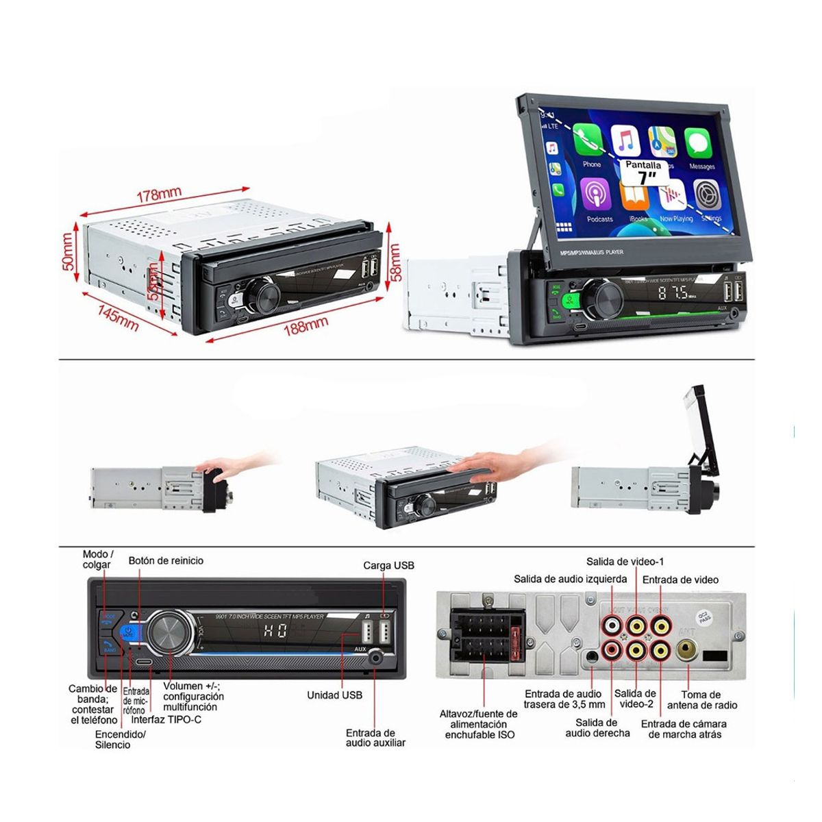 Autoestereo 1din Pantalla 7'' Tactil Retractil Mirrorlink Camara Reversa Elegate Negro.