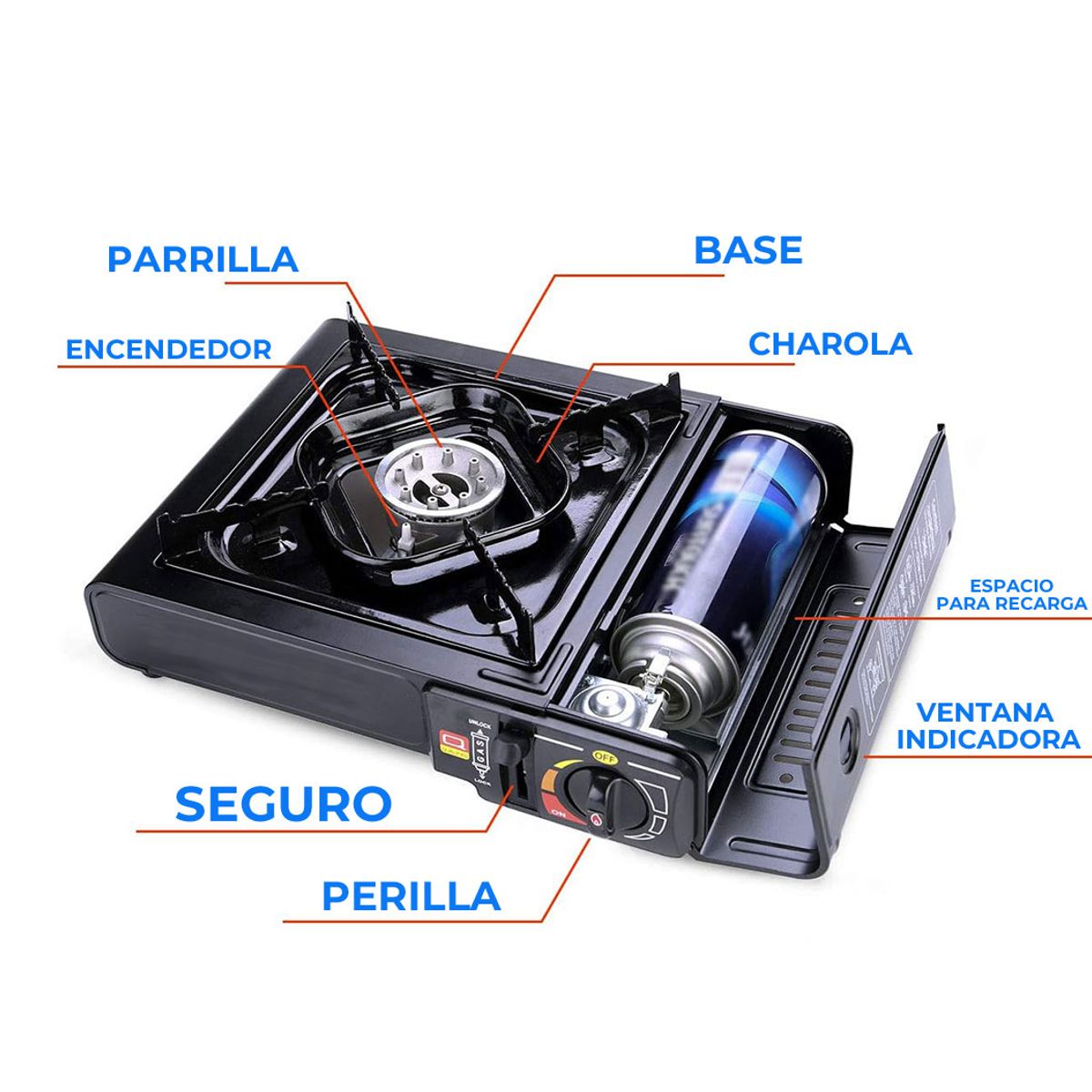 Estufa Portatil Para Camping a Gas Butano Estandar Negra.