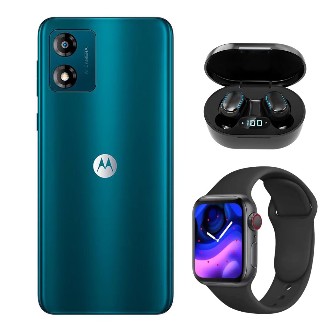 Combo Moto E13 64GB   2GB RAM (Verde)   Smartwatch   Audifonos Bluetooth.