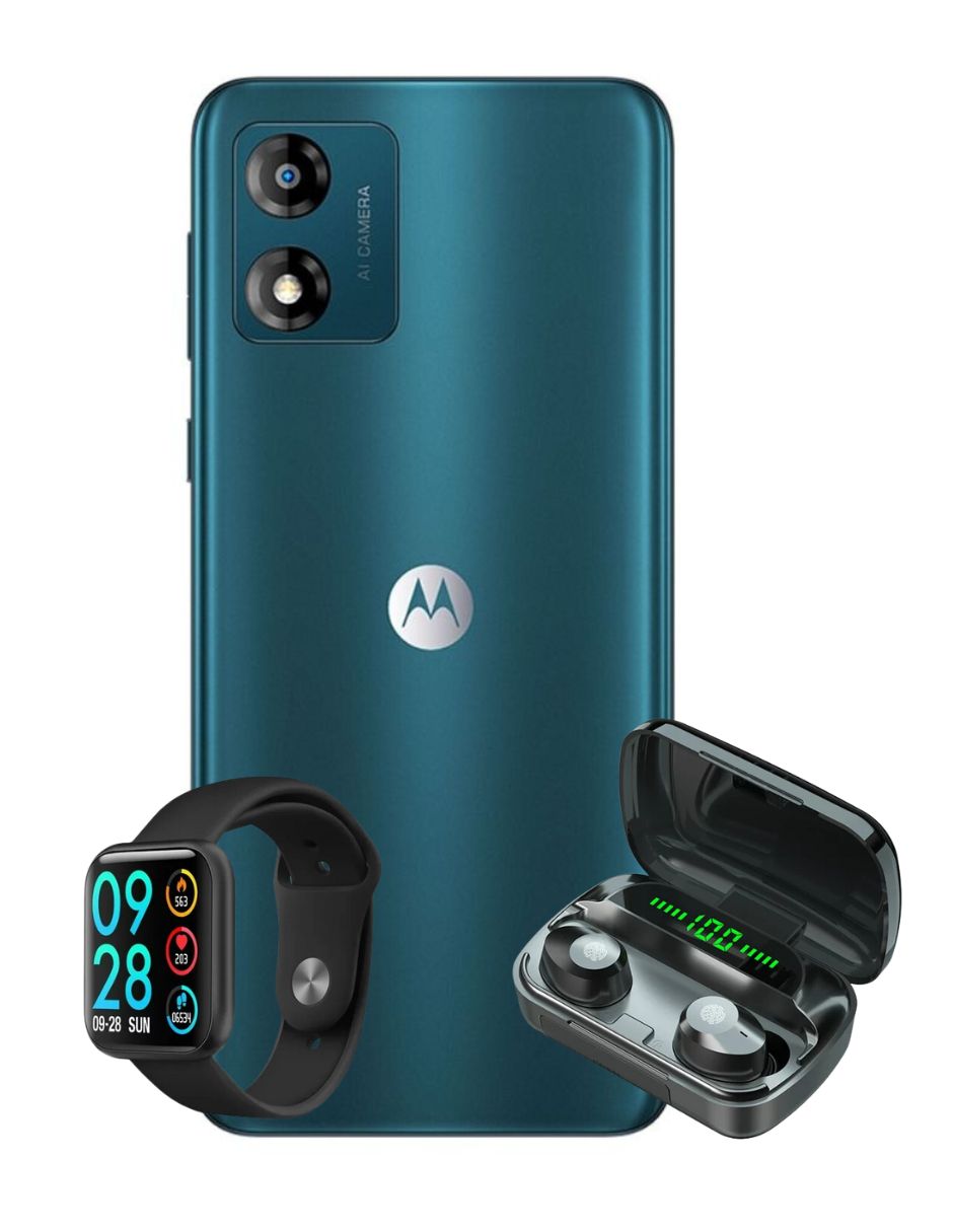 Combo 2 Moto E13 64GB   2GB RAM (Verde)   2 Smartwatch   2 Audifonos Bluetooth