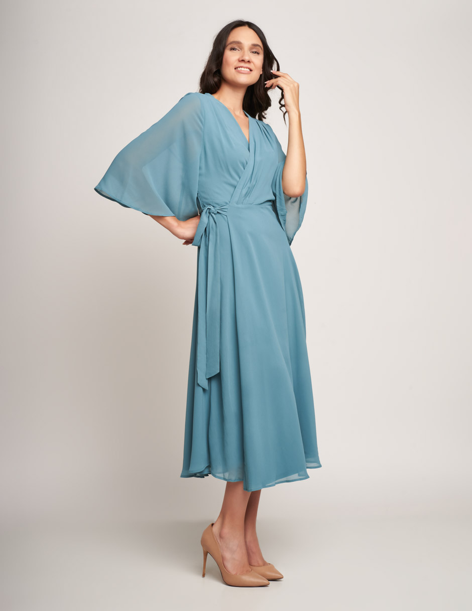 Vestido largo Devendi elegante azul cielo cruzado manga 3/4