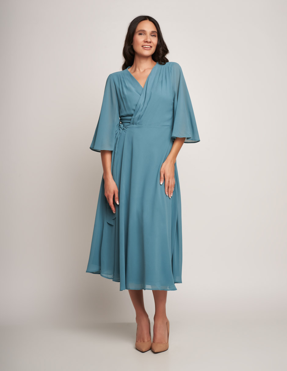 Vestido largo Devendi elegante azul cielo cruzado manga 3/4