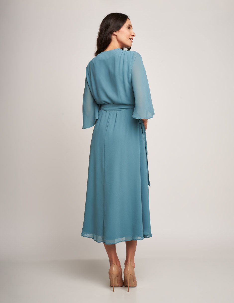 Vestido largo Devendi elegante azul cielo cruzado manga 3/4