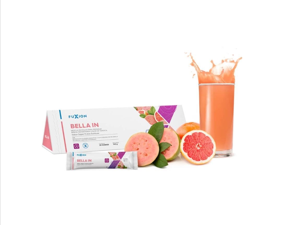 Bebida Hidratante y Reparadora PEPTIDOS DE COLÁGENO BELLA IN Sabor Frutas Exóticas Caja de 140g con 28 sobres