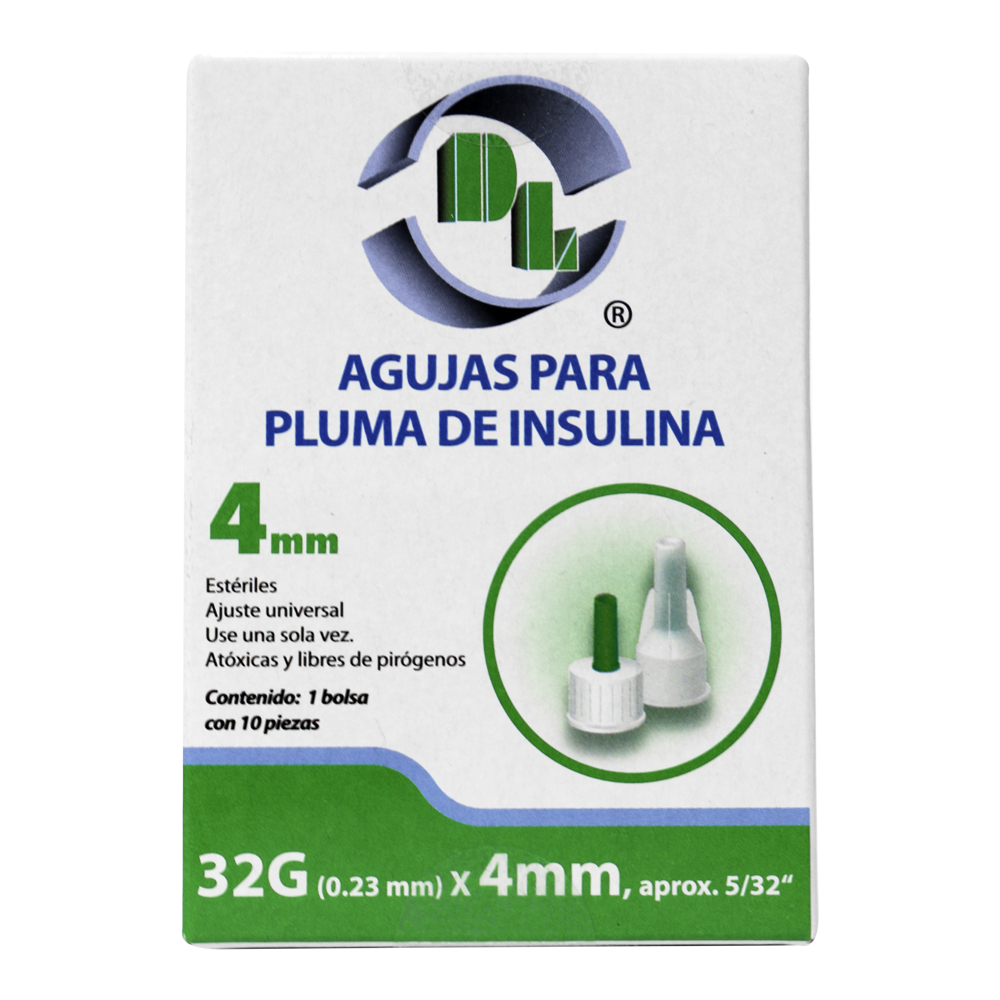 Agujas Desechables para pluma de insulina Caja con 10 piezas, para dispositivos de inyeccion Esteriles. Disponibles en diferentes calibres y longitudes  32GX4MM