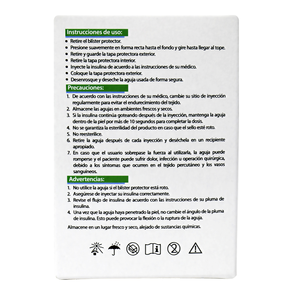 Agujas Desechables para pluma de insulina Caja con 10 piezas, para dispositivos de inyeccion Esteriles. Disponibles en diferentes calibres y longitudes  32GX4MM