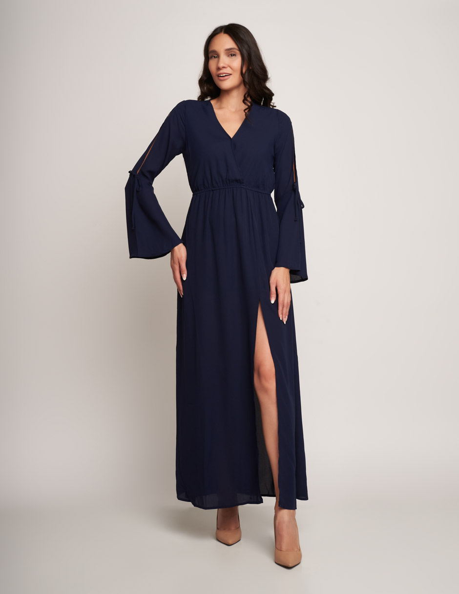 Vestido largo azul marino formal con escote en manga: elegancia