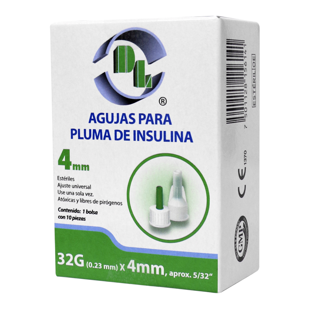 Agujas Desechables para pluma de insulina Caja con 10 piezas, para dispositivos de inyeccion Esteriles. Disponibles en diferentes calibres y longitudes  32GX4MM