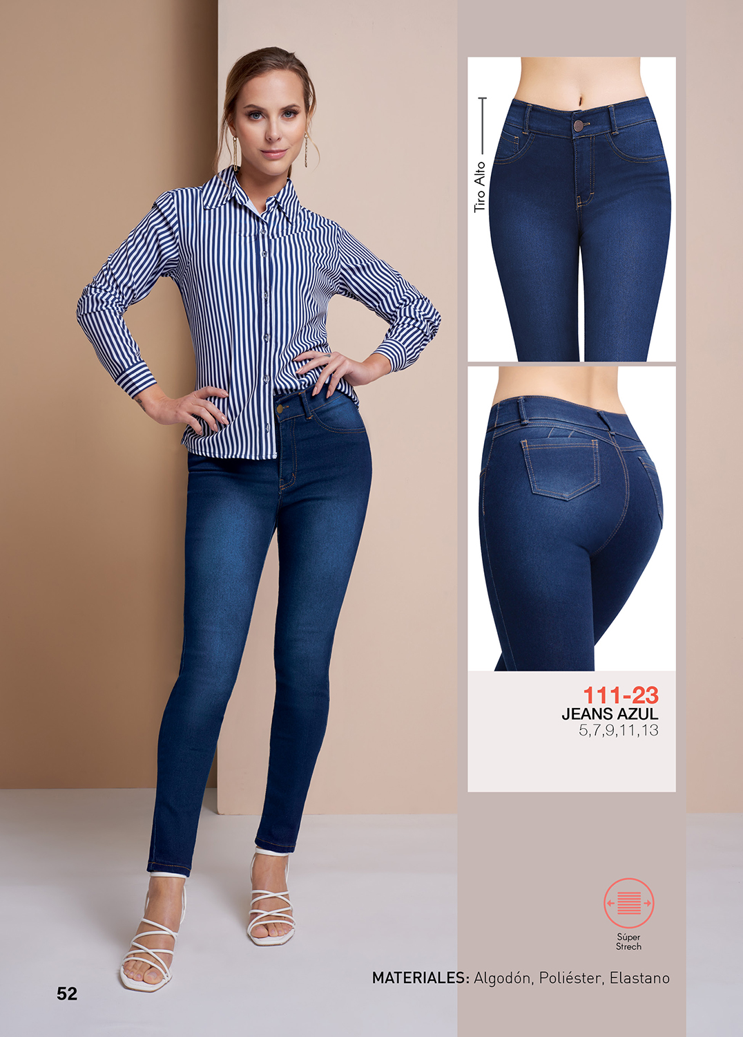 Jeans Tiro Alto Super Stretch: Corte Vaquero, Azul Oscuro, Mezclilla Premium, 4 Bolsas. Resistente a lavados. Estilo duradero para destacar en tendencia.