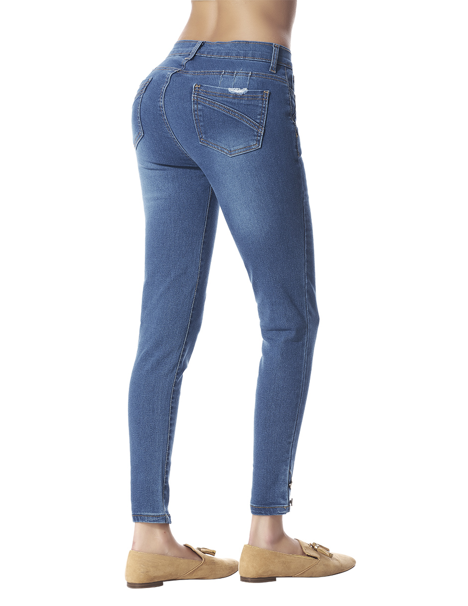 Jeans Tiro Alto Super Stretch: Corte Vaquero, Azul Oscuro, Mezclilla Premium, 4 Bolsas con Botones Decorativos en Tobillo, Resistente a lavados. Estilo duradero para destacar en tendencia.