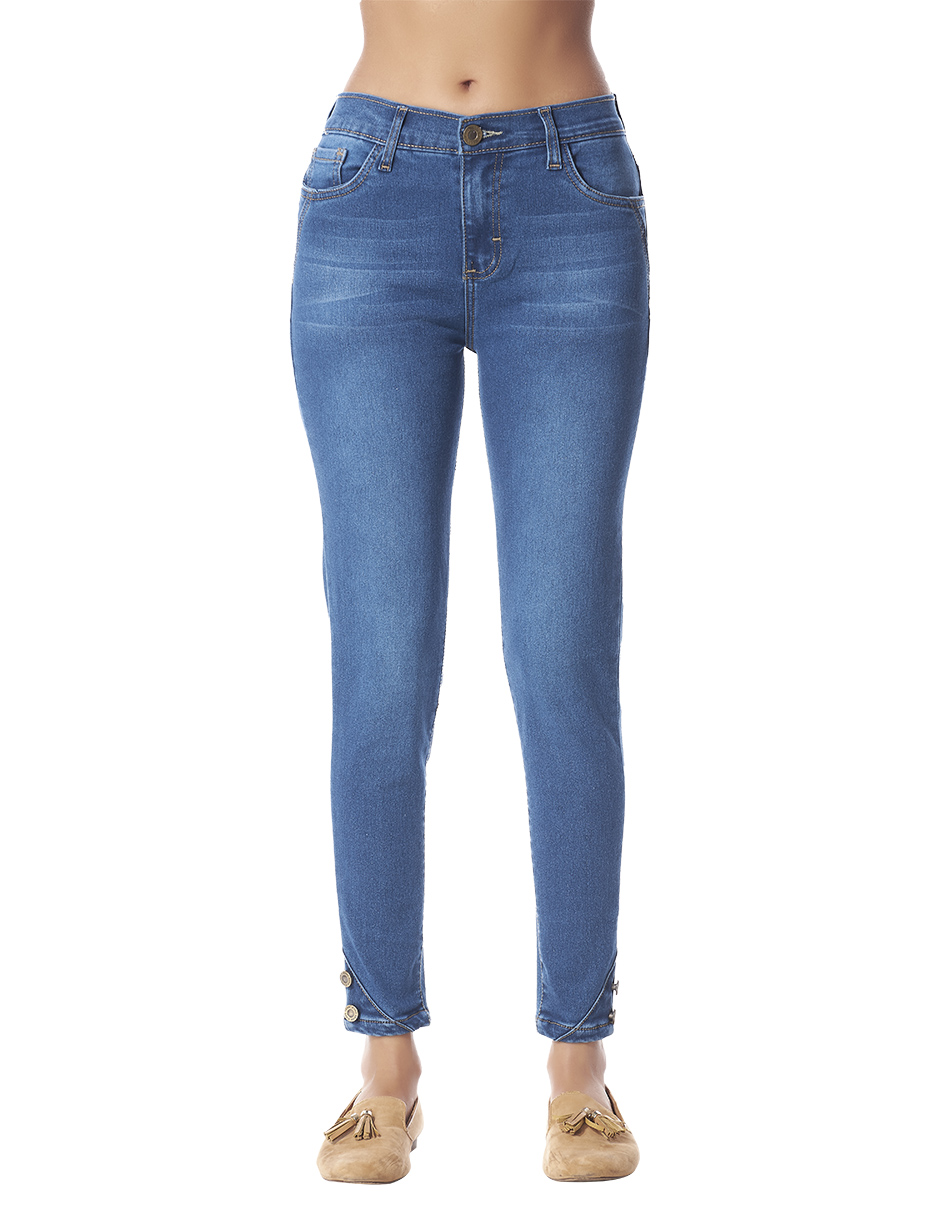 Jeans Tiro Alto Super Stretch: Corte Vaquero, Azul Oscuro, Mezclilla Premium, 4 Bolsas con Botones Decorativos en Tobillo, Resistente a lavados. Estilo duradero para destacar en tendencia.
