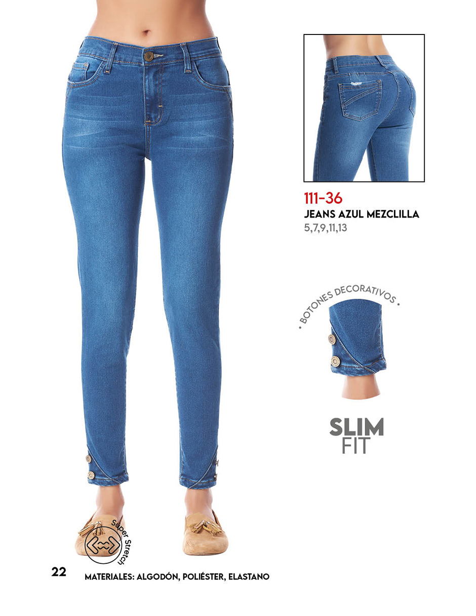 Jeans Tiro Alto Super Stretch: Corte Vaquero, Azul Oscuro, Mezclilla Premium, 4 Bolsas con Botones Decorativos en Tobillo, Resistente a lavados. Estilo duradero para destacar en tendencia.