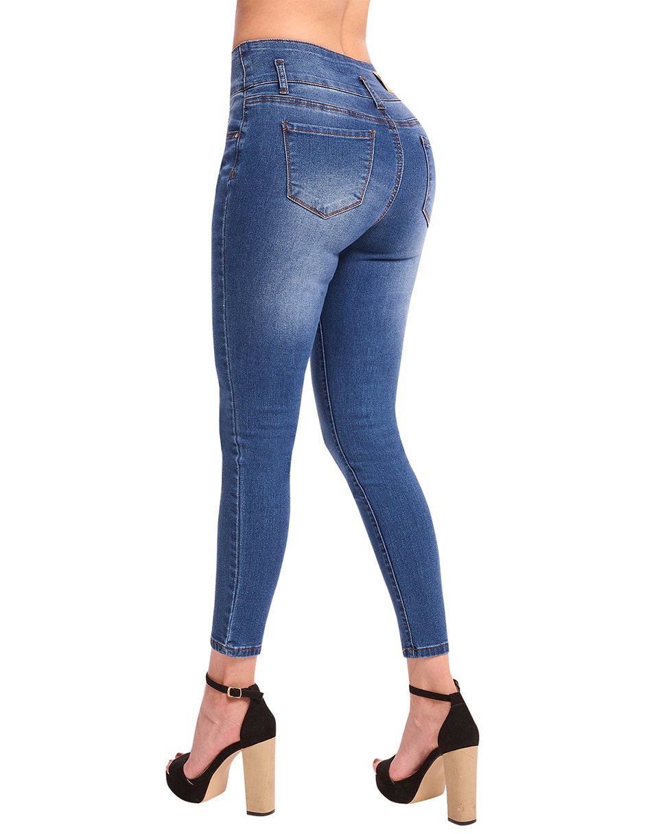 Jeans Tiro Alto Super Stretch: Corte Colombiano, Push Up, Azul Marino, Mezclilla Premium, Pretina Ancha, Resistente a lavados. Estilo duradero para destacar en tendencia.