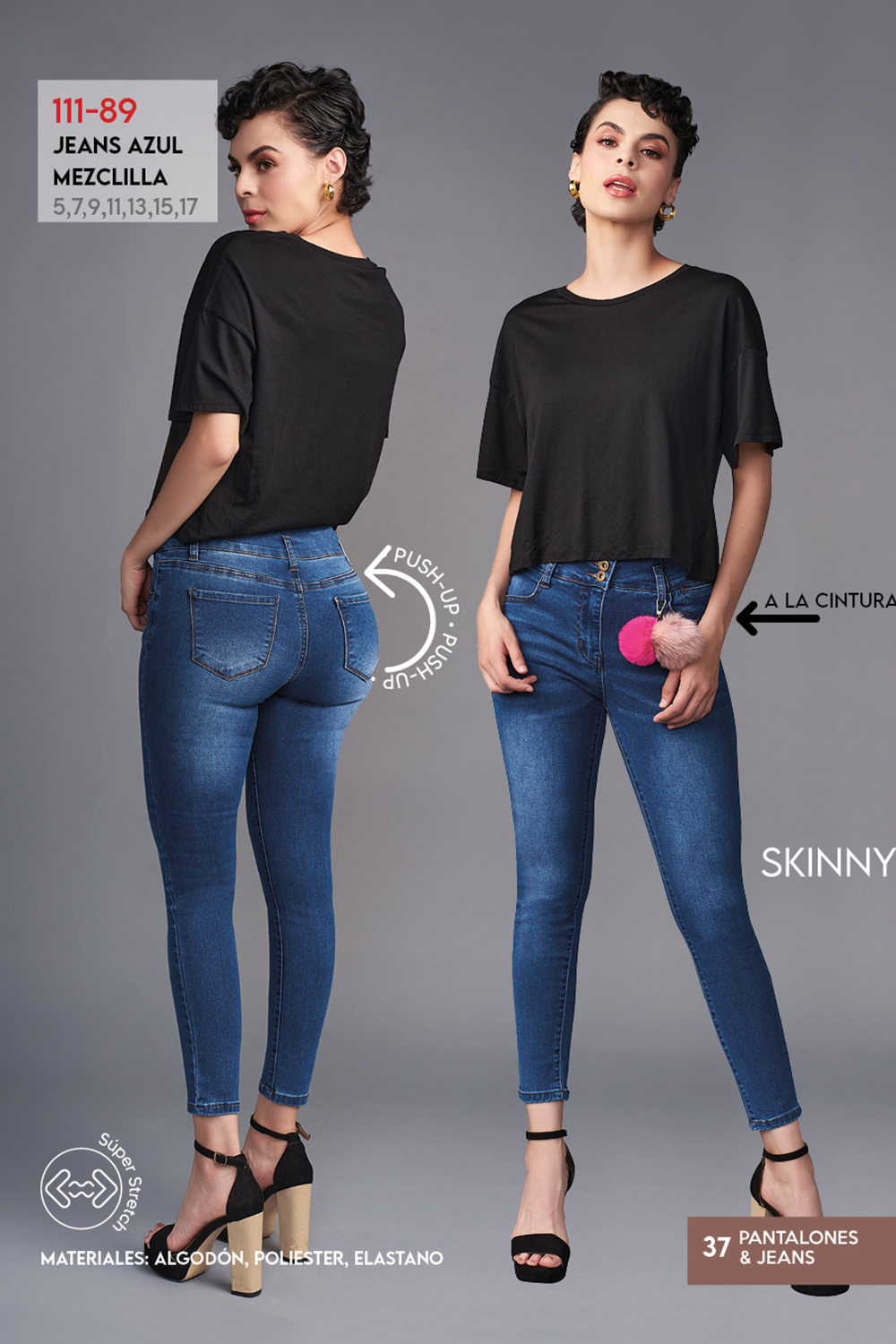 Jeans Tiro Alto Super Stretch: Corte Colombiano, Push Up, Azul Marino, Mezclilla Premium, Pretina Ancha, Resistente a lavados. Estilo duradero para destacar en tendencia.