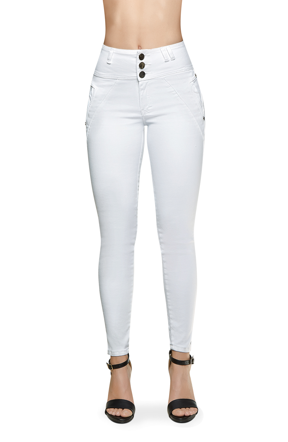 Jeans Tiro Alto Super Stretch: Corte Colombiano, Push Up, Color Blanco, Mezclilla Premium, Pretina Ancha, Resistente a lavados. Estilo duradero para destacar en tendencia.