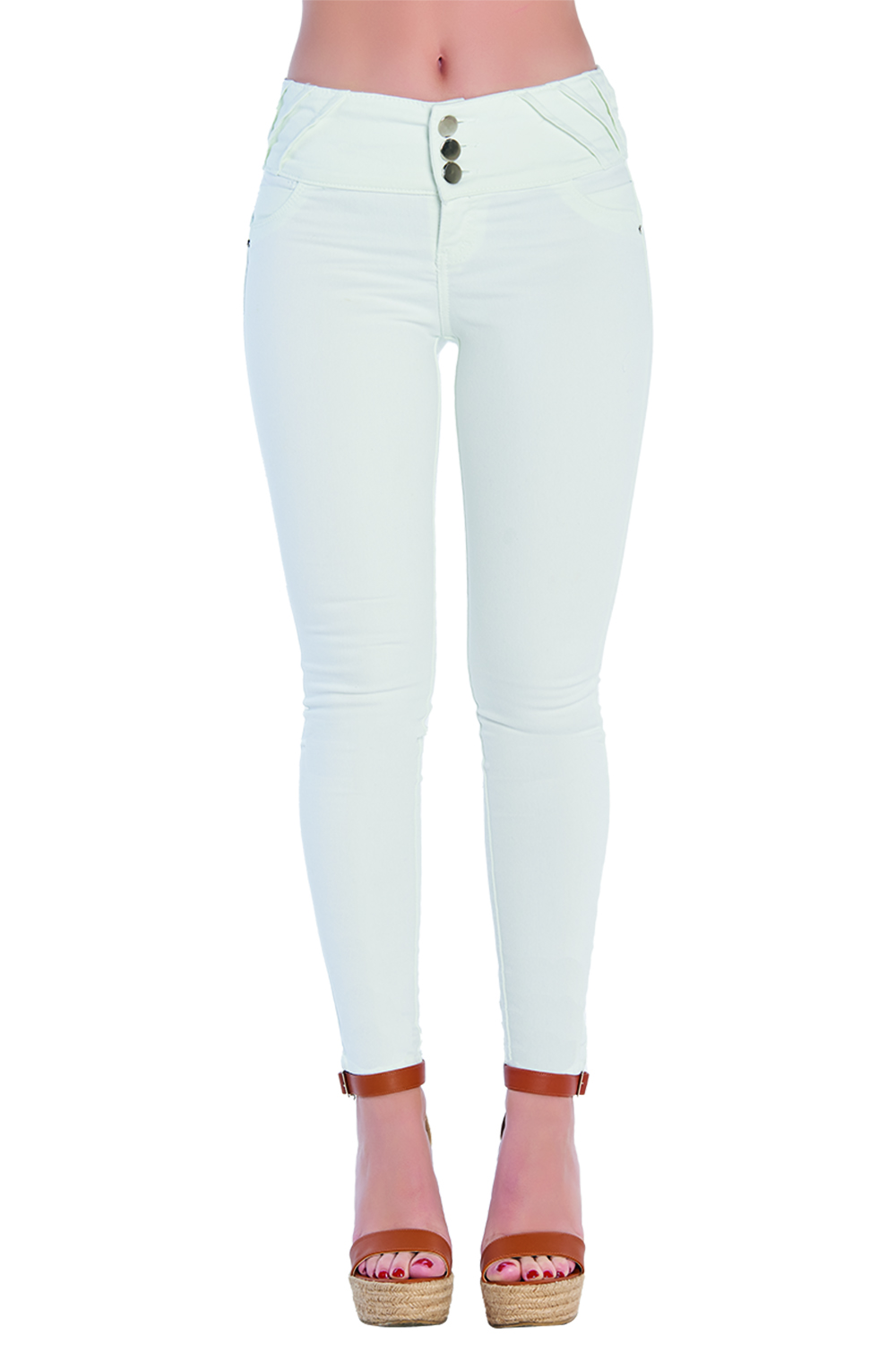 Jeans Tiro Alto, Super Stretch, Corte Colombiano, Push Up, Pretina Ancha Con Botones Habilitados, Corte Skinny, Detalle Con Costuras Y Cortes, Color Blanco