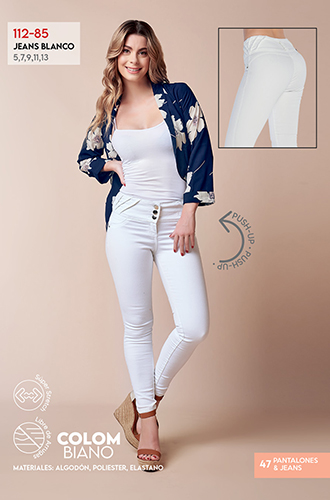 Jeans Tiro Alto, Super Stretch, Corte Colombiano, Push Up, Pretina Ancha Con Botones Habilitados, Corte Skinny, Detalle Con Costuras Y Cortes, Color Blanco