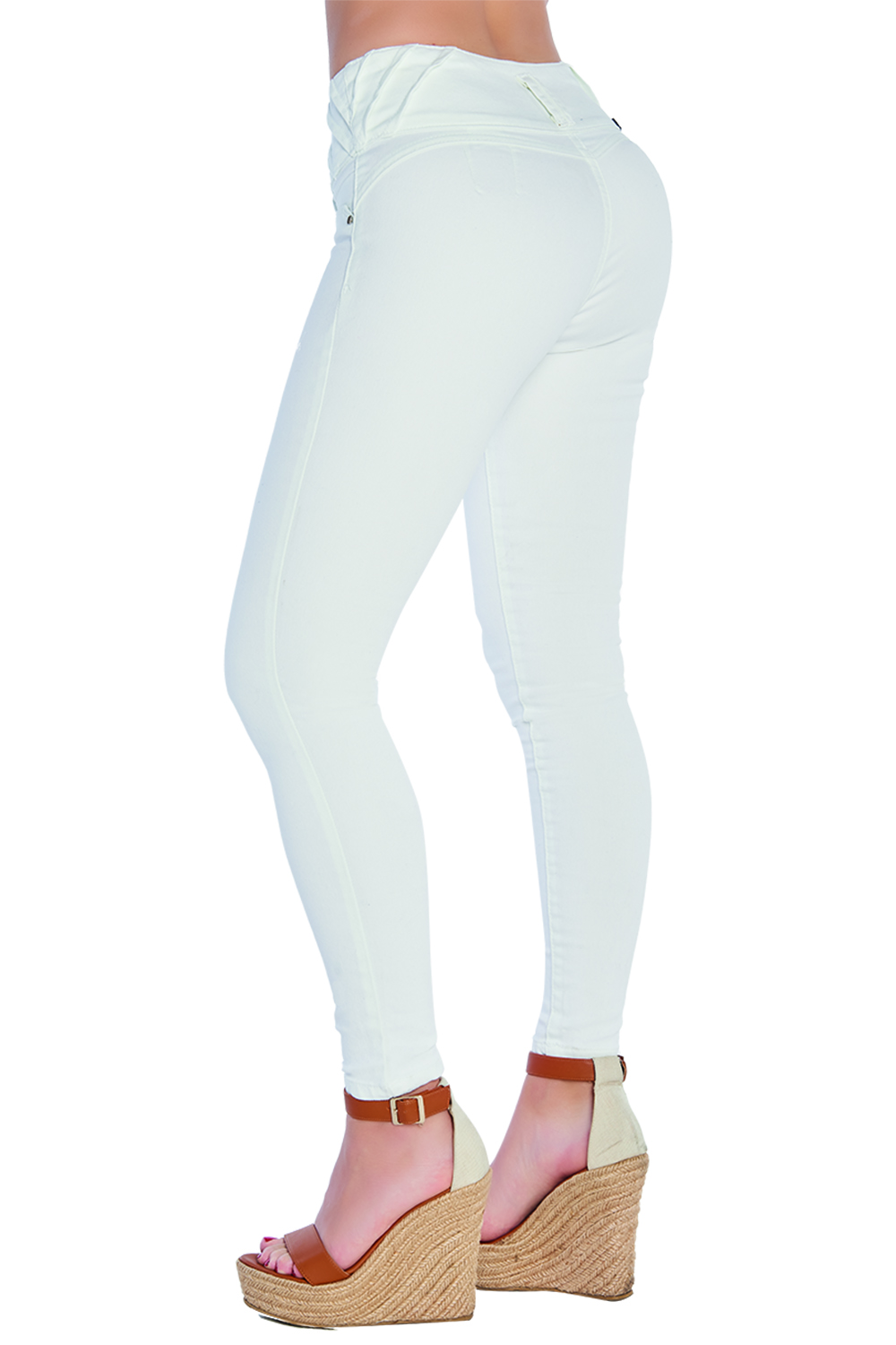 Jeans Tiro Alto, Super Stretch, Corte Colombiano, Push Up, Pretina Ancha Con Botones Habilitados, Corte Skinny, Detalle Con Costuras Y Cortes, Color Blanco