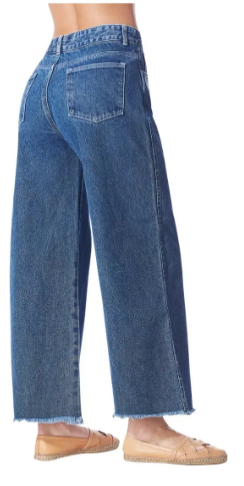 Jeans Corte Wide Leg, Largo al Tobillo, Tiro Alto, Mezclilla Rígida, Algodón, Bastilla con Desgaste, Bolsas Habilitadas, Color Azul Claro, Deslavado, Botón y Cierre Habilitado