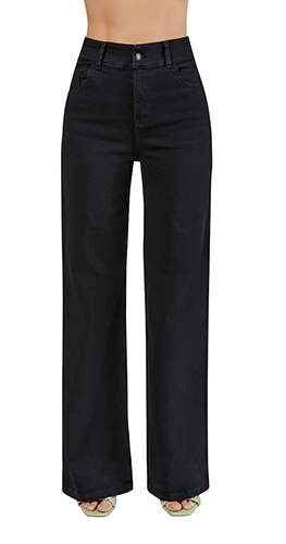 Jeans Tiro Alto, Mezclilla Super Stretch, Bolsas Habilitadas, Corte Wide Leg, Largo Hasta Los Pies, Abertura Pequeña en Tobillo, Botón Habilitado, Color Negro