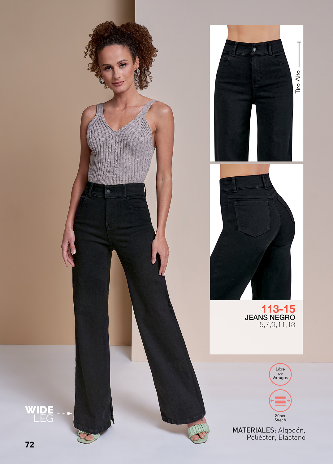 Jeans Tiro Alto, Mezclilla Super Stretch, Bolsas Habilitadas, Corte Wide Leg, Largo Hasta Los Pies, Abertura Pequeña en Tobillo, Botón Habilitado, Color Negro