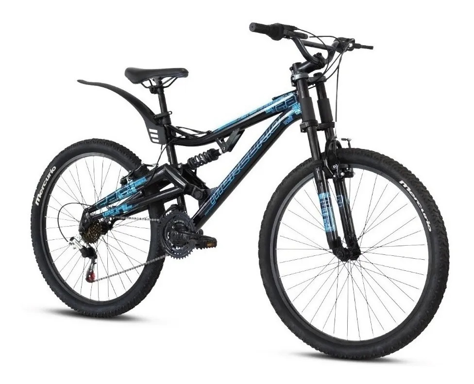 Bicicleta Mercurio DH Kaizer R26 Negro Azul DOBLE SUSPESION DISCO 21 VELOCIDADES.